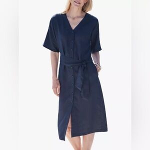 NWOT Pure Collection Button Through Navy Blue 100% Linen Belted Dress Size 14
